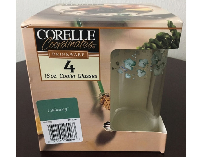 4 NEW Corelle CALLAWAY 16-oz GLASSES Glassware Cooler Tumblers Green Ivy Leaves