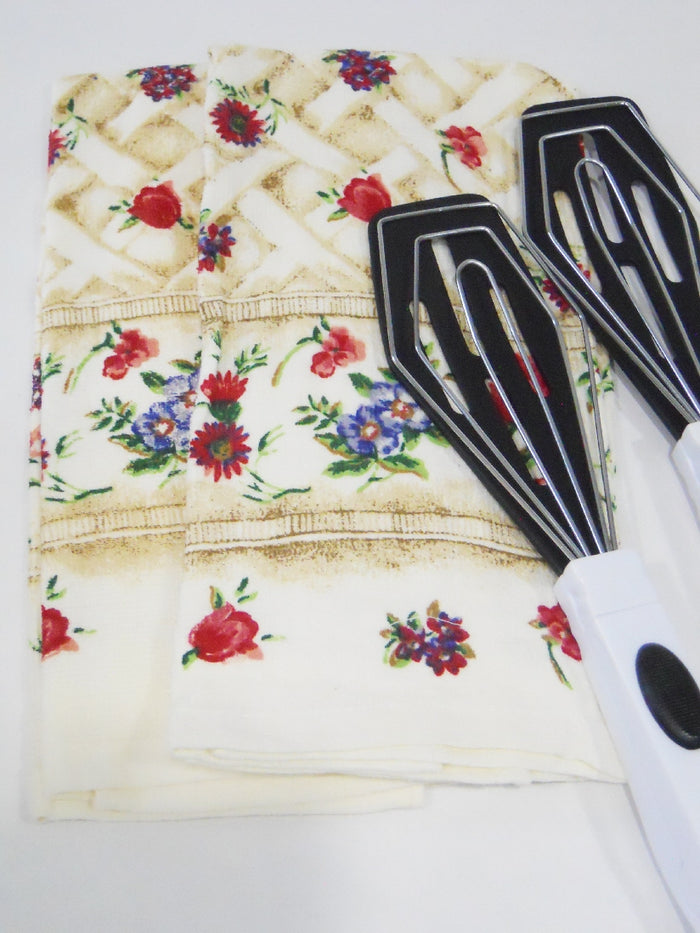 4-pc FLORAL TRELLIS Cotton Kitchen DISH TOWELS & Locking Turner Tongs UTENSILS