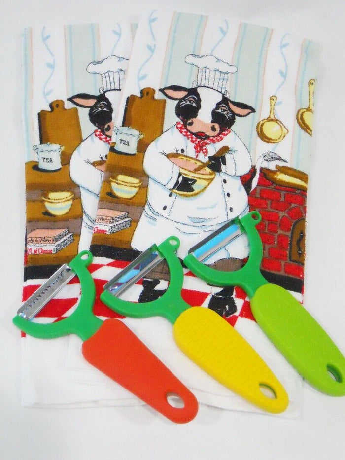 5-pc KITCHEN COW Cotton 24x15 DISH TOWELS & Serrated Vegetable PEELER TOOLS SET
