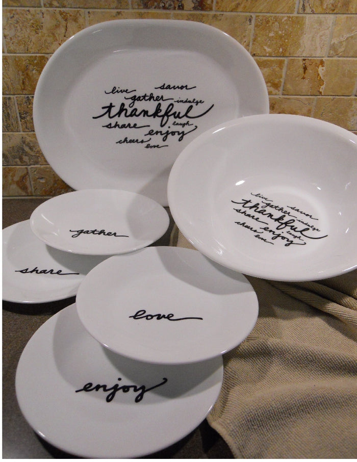 6-pc Corelle CELEBRATIONS THANKFUL 2 Qt Serving Bowl, Platter & Appetizer Plates