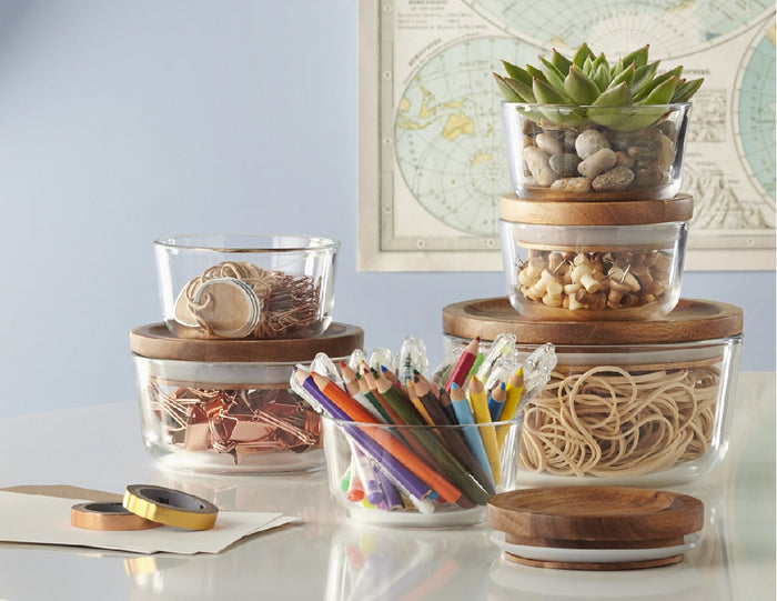 6-pc PYREX Glass Food Storage Container Set w/ WOODEN LIDS 1, 2, 4 Cup BOWLS Dry Goods, Crafts