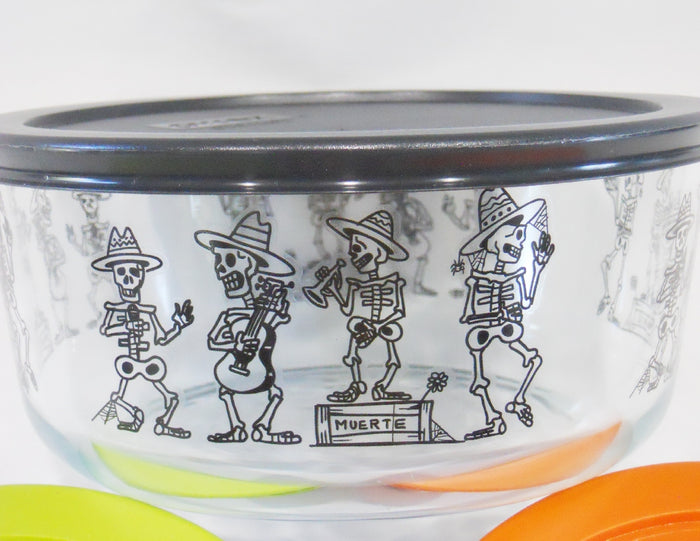 6-pc Pyrex MARIACHI BAND Storage Bowls Halloween BLACK Day of the Dead Skeletons