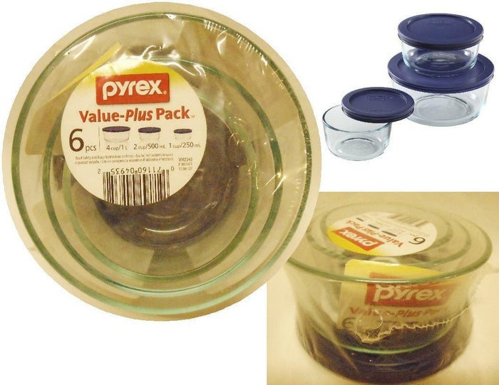 6-pc Pyrex Simply Store GLASS STORAGE SET 4, 2, 1 Cup ROUND BLUE Covers Valu-Pak