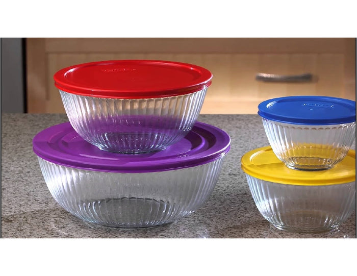 ❤️ 8-pc PYREX SCULPTURED Glass Mixing Bowl Set w/Covers PURPLE RED YELLOW BLUE