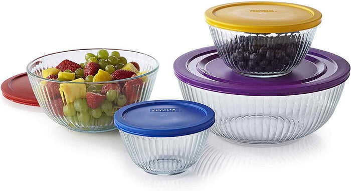 ❤️ 8-pc PYREX SCULPTURED Glass Mixing Bowl Set w/Covers PURPLE RED YELLOW BLUE