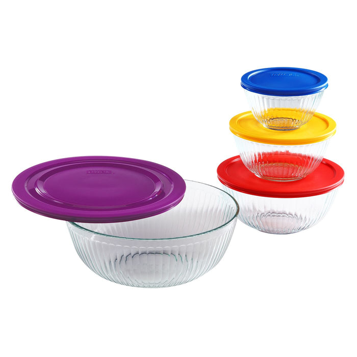 ❤️ 8-pc PYREX SCULPTURED Glass Mixing Bowl Set w/Covers PURPLE RED YELLOW BLUE