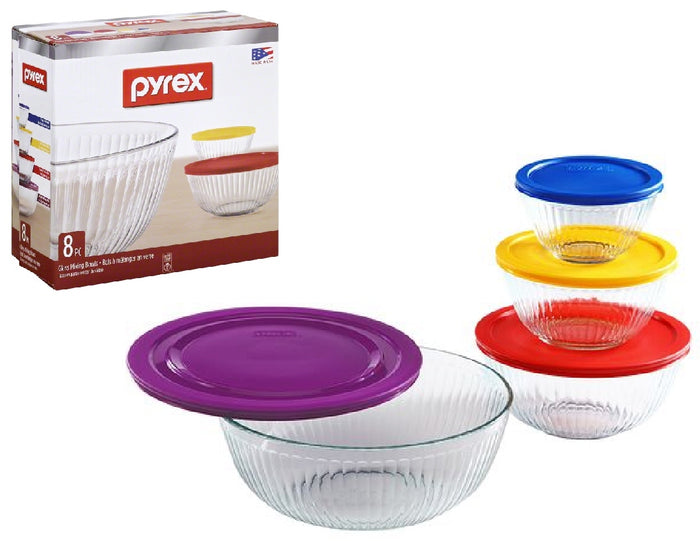 ❤️ 8-pc PYREX SCULPTURED Glass Mixing Bowl Set w/Covers PURPLE RED YELLOW BLUE
