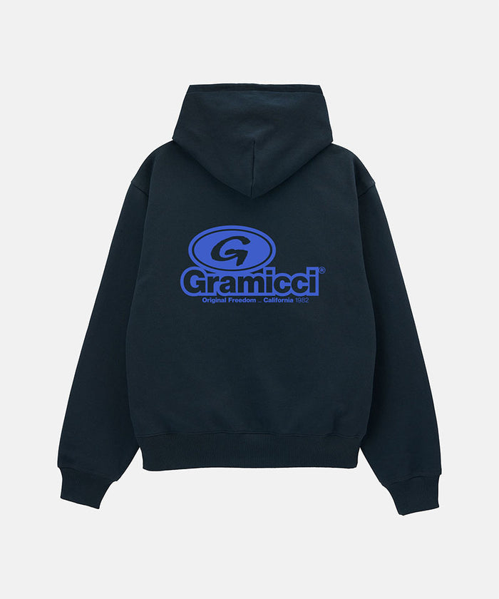 Back view of a Gramicci vintage black '82 Zip Hooded Sweatshirt against a light tone background.