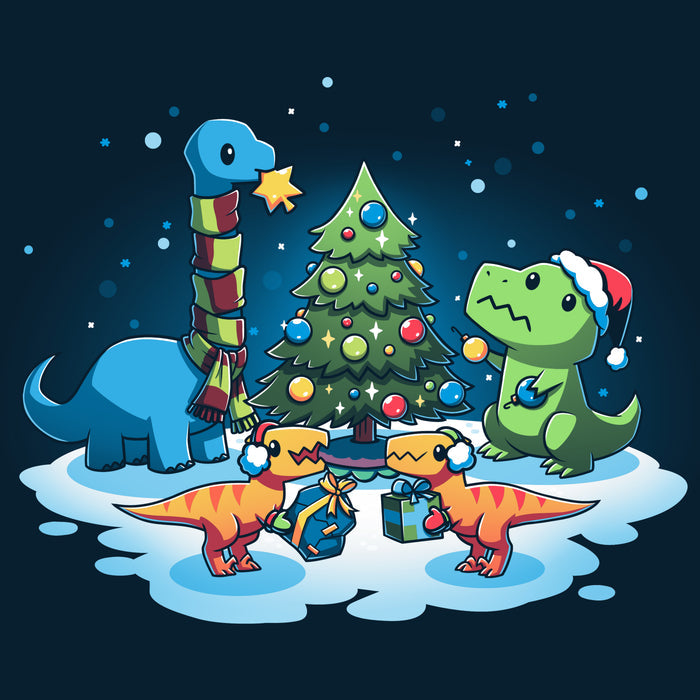 Premium Cotton T-shirt_TeeTurtle navy blue A Very Dino Christmas featuring dinosaurs celebrating around a decorated Christmas tree with snow on the ground and dinosaurs holding presents.