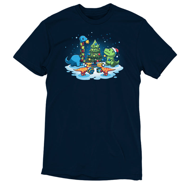 Premium Cotton T-shirt_TeeTurtle navy blue A Very Dino Christmas featuring dinosaurs celebrating around a decorated Christmas tree with snow on the ground and dinosaurs holding presents.