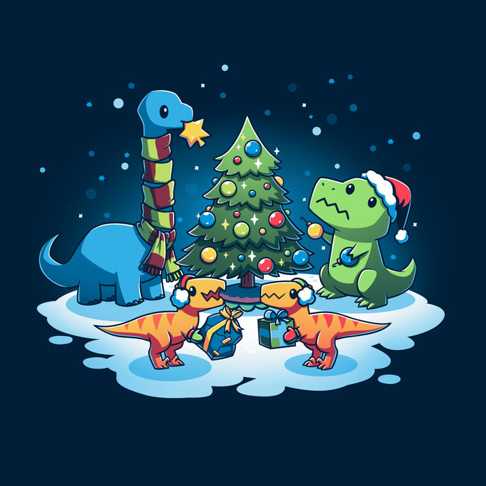 Classic Cotton T-shirt_TeeTurtle navy blue A Very Dino Christmas featuring dinosaurs celebrating around a decorated Christmas tree with snow on the ground and dinosaurs holding presents.