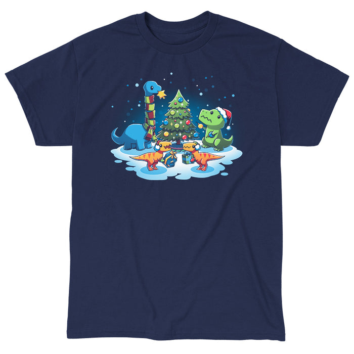 Classic Cotton T-shirt_TeeTurtle navy blue A Very Dino Christmas featuring dinosaurs celebrating around a decorated Christmas tree with snow on the ground and dinosaurs holding presents.