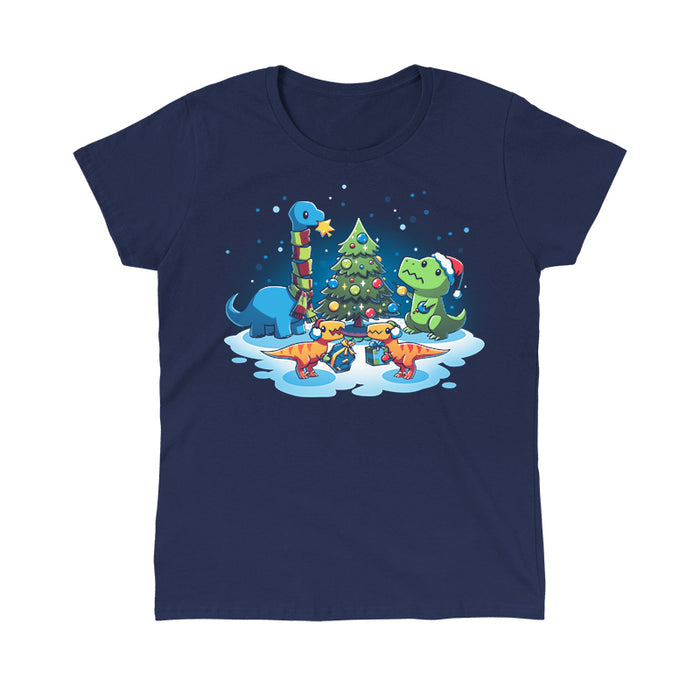 Classic Cotton T-shirt_TeeTurtle navy blue A Very Dino Christmas featuring dinosaurs celebrating around a decorated Christmas tree with snow on the ground and dinosaurs holding presents.