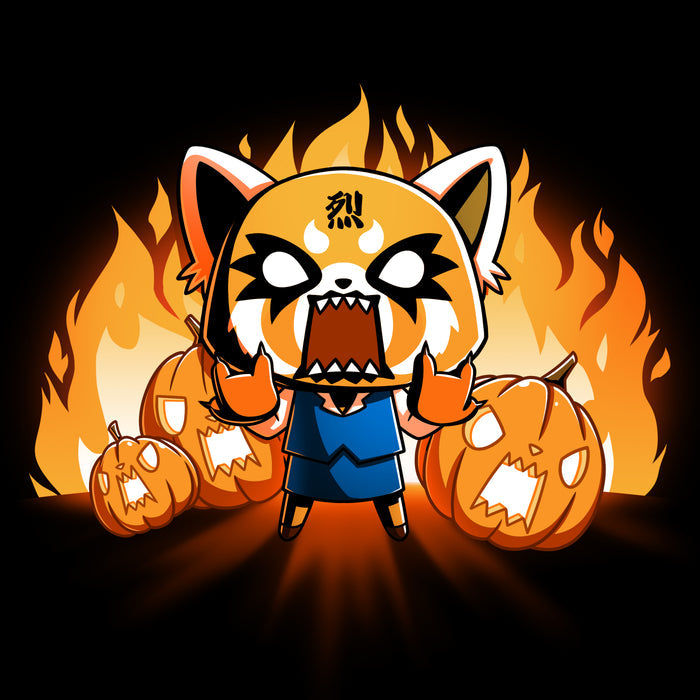 Premium Cotton T-shirt_TeeTurtle black Aggretsuko's Happy Halloween apparel featuring an enraged Aggretsuko with her paws in a Rumic sign pose with angry jack-o-lanterns and flames in the background.