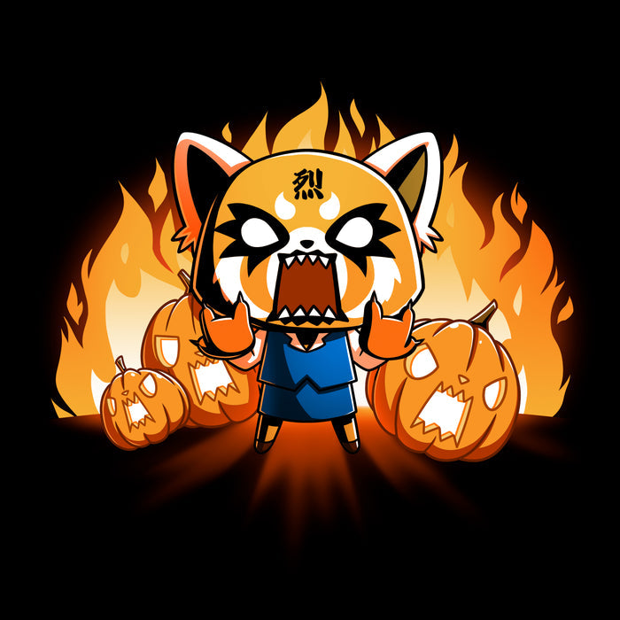 Classic Cotton T-shirt_TeeTurtle black Aggretsuko's Happy Halloween apparel featuring an enraged Aggretsuko with her paws in a Rumic sign pose with angry jack-o-lanterns and flames in the background.