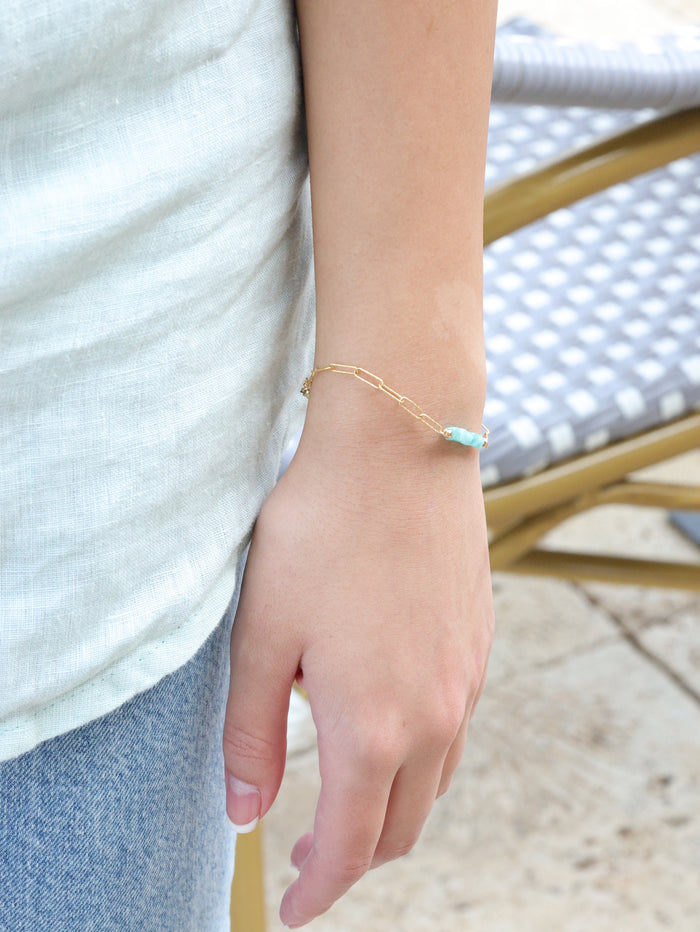 Model wearing the amazonite cube bracelet