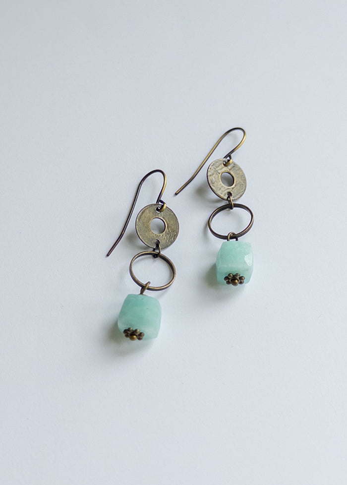 Amazonite mid length drop earrings in brass