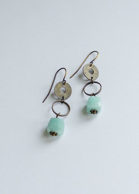 Amazonite mid length drop earrings in brass