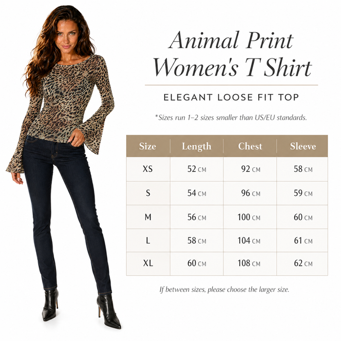 Elegant animal print long sleeve top for women with relaxed drape, crew neck and smooth lightweight polyester styling today..