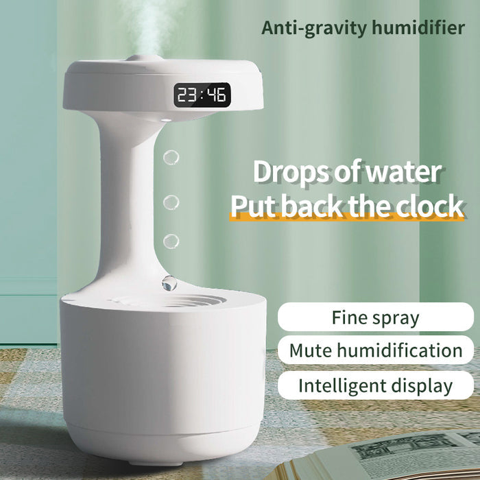 Anti gravity humidifier shown in an indoor room setting with its water-drop display and LED clock for product comparison now.