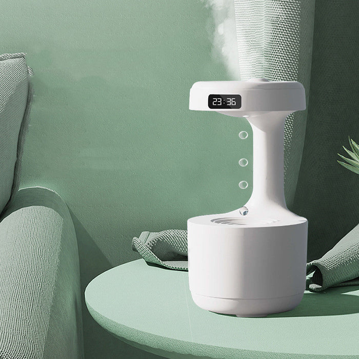 Green anti gravity humidifier shown with its water-drop display, LED clock and mist outlet for shoppers comparing colors now.