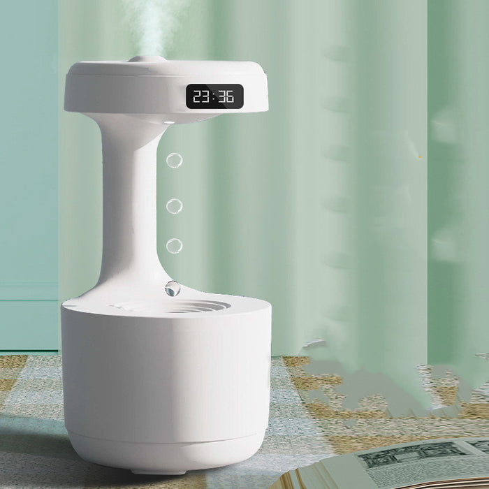 USB humidifier with an 800ml tank shown as a desktop unit with LED clock and water-drop display for indoor spaces at home now