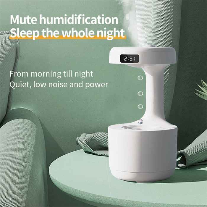 Desktop humidifier product view showing the water-drop display, mist outlet and LED clock for shoppers reviewing features now