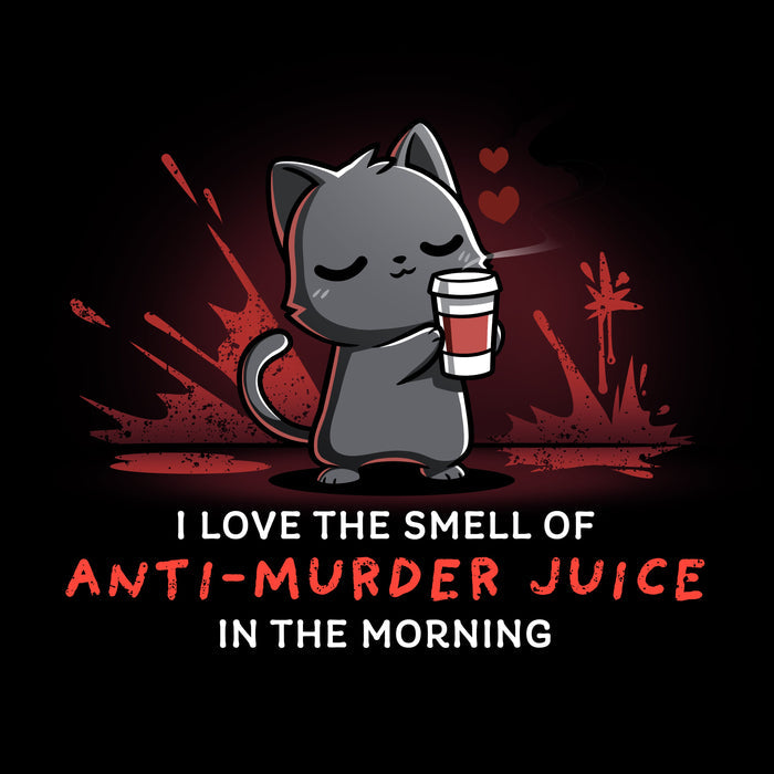 Premium Cotton T-shirt_TeeTurtle Anti-Murder Juice black t-shirt featuring a cat holding a coffee lovingly with red splatters behind.