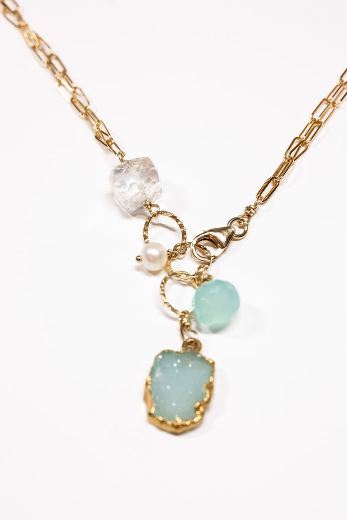 Aqua Druzy wear it 2 ways necklace styled short on flat lay