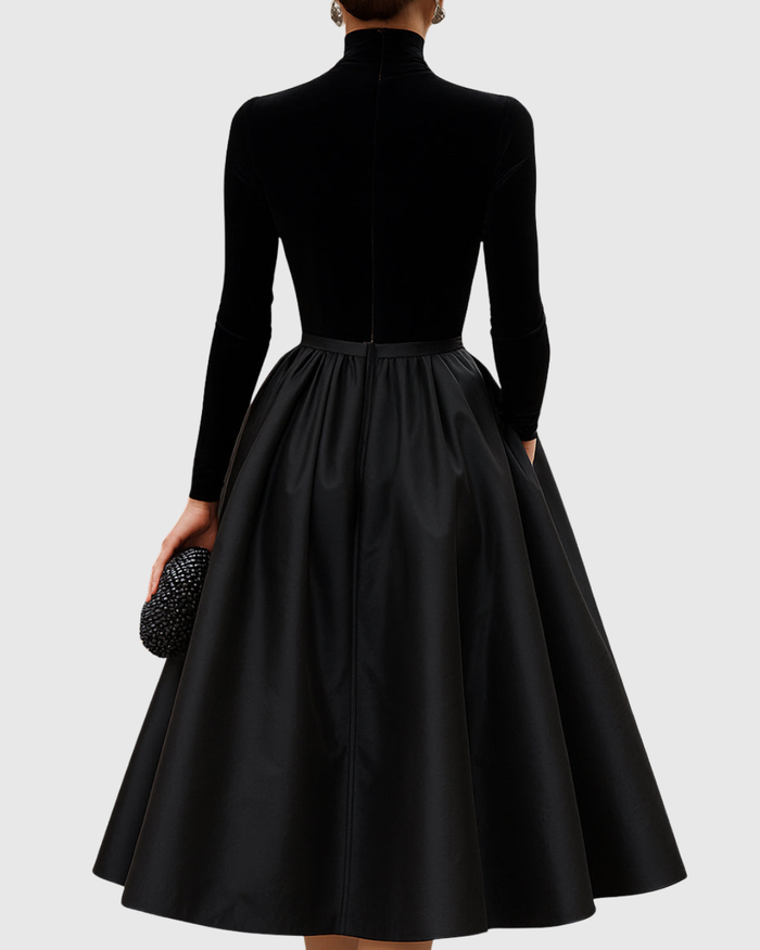 Aradia - Elegant Black Velvet and Satin Midi Dress
