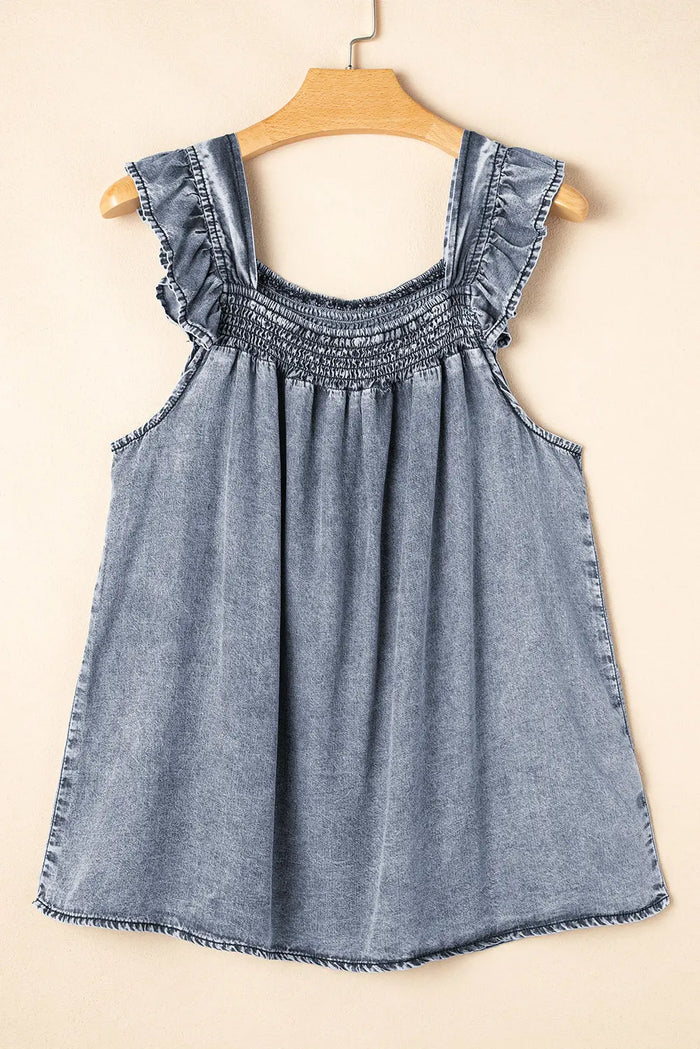 Ashleigh Blue Ruffled Shirred Neckline Sleeveless Denim Tank Top - Tops/Vest Tops