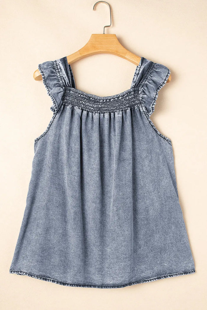 Ashleigh Blue Ruffled Shirred Neckline Sleeveless Denim Tank Top - Tops/Vest Tops