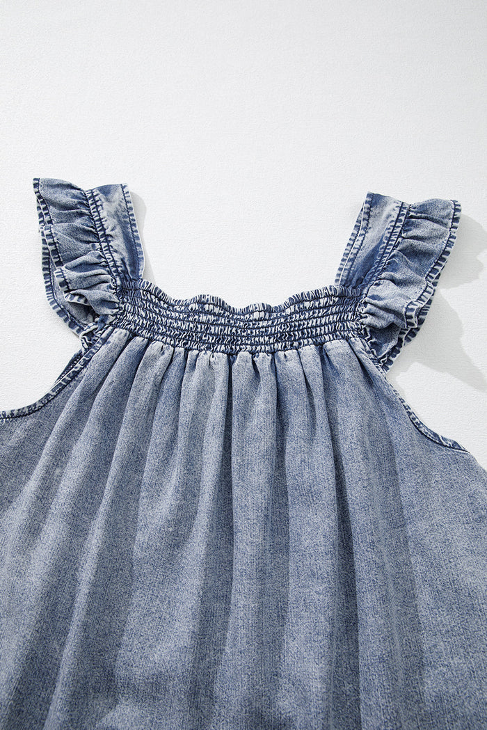 Ashleigh Blue Ruffled Shirred Neckline Sleeveless Denim Tank Top - Tops/Vest Tops