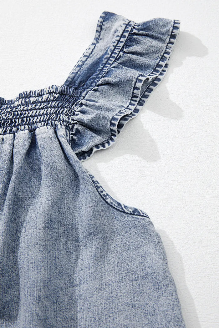 Ashleigh Blue Ruffled Shirred Neckline Sleeveless Denim Tank Top - Tops/Vest Tops