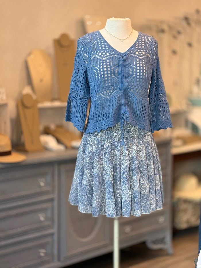 Aurora Top Sweater in Denim Blue on mannequin styled with blue pattern skirt