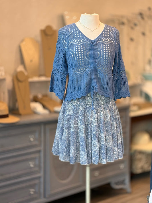 Aurora Top Sweater in Denim Blue on mannequin styled with blue pattern skirt