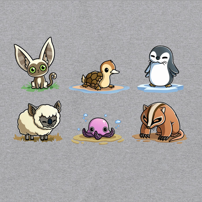 Classic Cotton T-shirt_TeeTurtle heather gray Avatar Animal Friends apparel featuring Momo, turtle duck, otter penguin, koala sheep, purple pentapus, and badgermole in a grid.