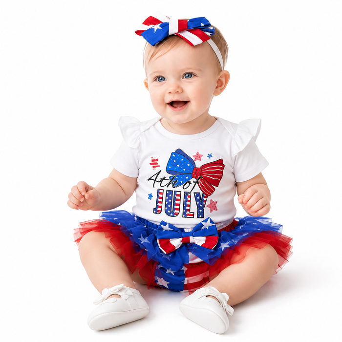 Baby girl outfit set with 4th July romper, tutu bloomers and bow headband