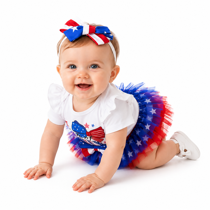 Baby girl clothes set with patriotic bow print romper and matching headband