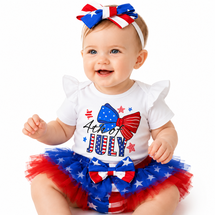 4th July baby girl outfit styled flat lay with shoes and patriotic decor