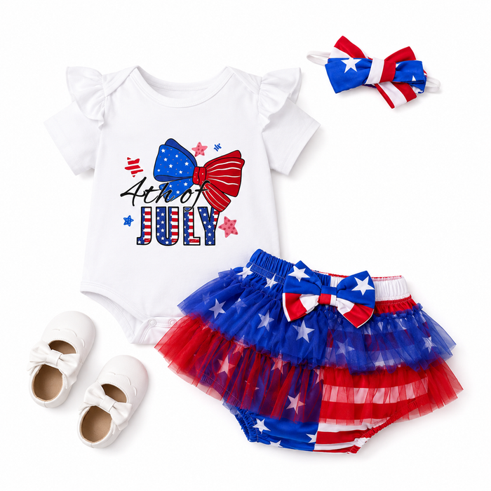 Soft baby romper with ruffle sleeves, tutu bloomers and festive bow headband