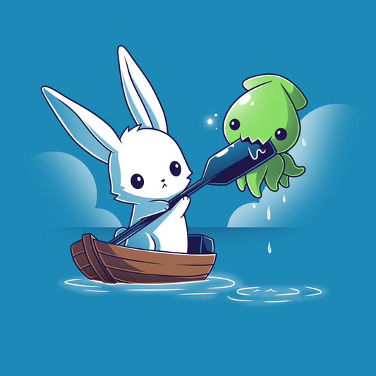 Premium Cotton T-shirt_TeeTurtle cobalt blue Baby Kraken Attack apparel featuring a baby kraken chomping on an oar being held by a bunny in a boat.