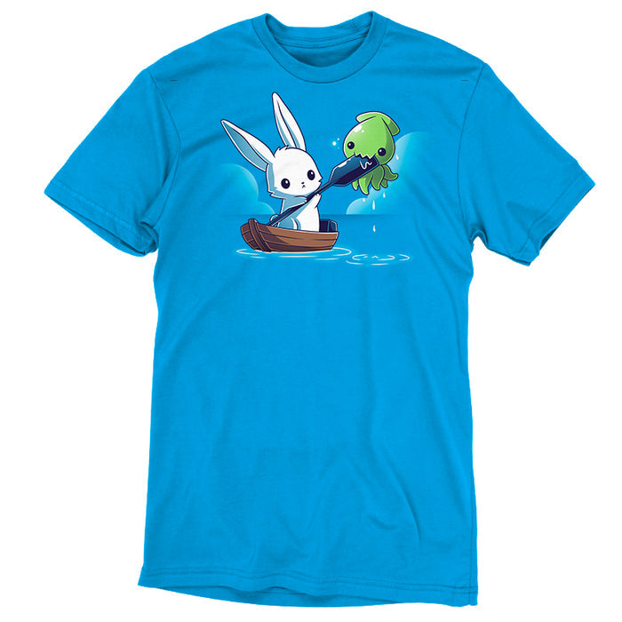 Premium Cotton T-shirt_TeeTurtle cobalt blue Baby Kraken Attack apparel featuring a baby kraken chomping on an oar being held by a bunny in a boat.