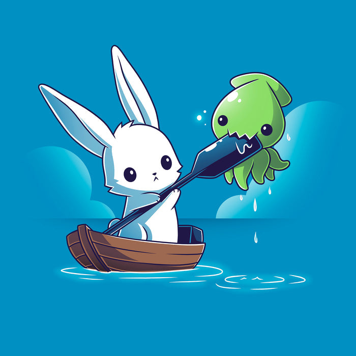 Classic Cotton T-shirt_TeeTurtle sapphire blue Baby Kraken Attack apparel featuring a baby kraken chomping on an oar being held by a bunny in a boat.