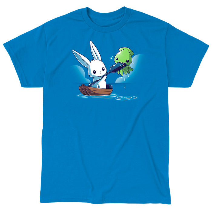 Classic Cotton T-shirt_TeeTurtle sapphire blue Baby Kraken Attack apparel featuring a baby kraken chomping on an oar being held by a bunny in a boat.