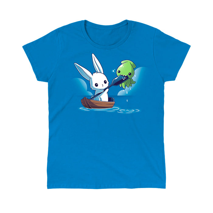 Classic Cotton T-shirt_TeeTurtle sapphire blue Baby Kraken Attack apparel featuring a baby kraken chomping on an oar being held by a bunny in a boat.