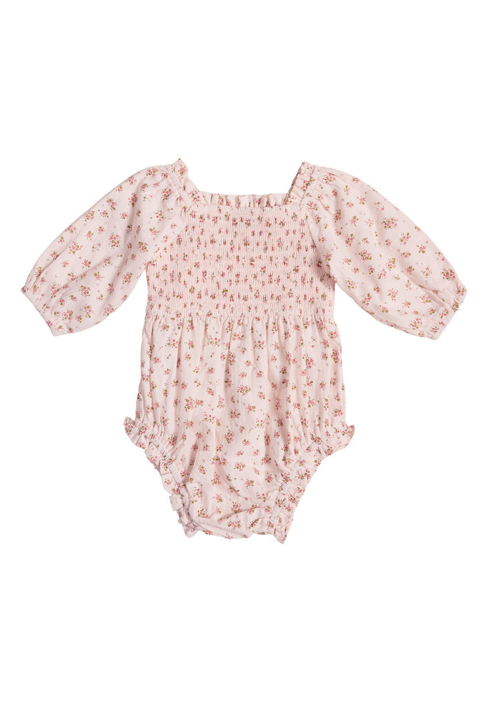 The Baby Madeline Romper in Pink by Ivy City Co features long puff sleeves, a square neckline, delicate floral print, smocked bodice, and ruffled leg openings—an adorable choice for Easter or any special occasion.