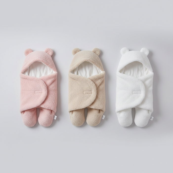 Three baby swaddles in pink, beige, and white on a light gray background
