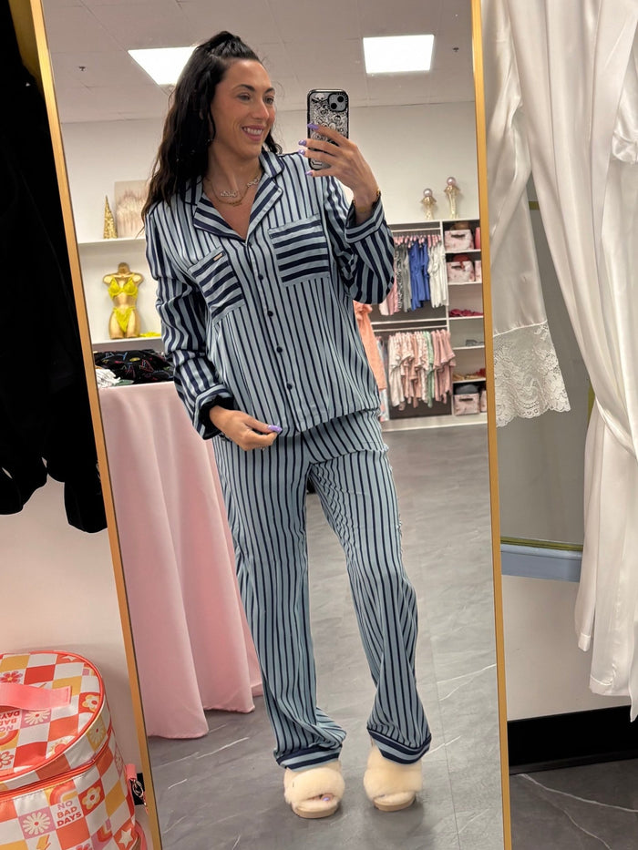 Bamboo Boyfriend Striped PJ Set - Blue - Intimate Whispers