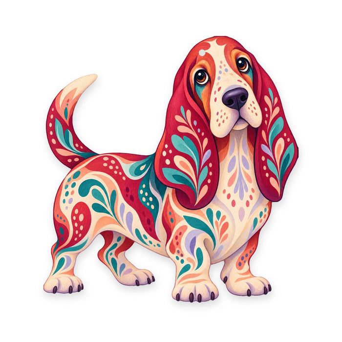 Basset Hound folk art ornament O456 on white, laser-cut maple wood, made in USA